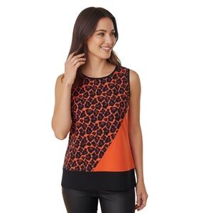 ANN TAYLOR M Red Orange Navy Leopard Asymmetrical Top R $79